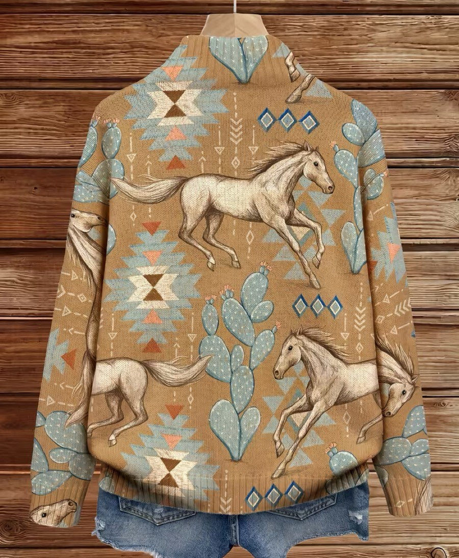Damen Bomberjacke mit Pferde- & Kaktus-Print, Reißverschluss