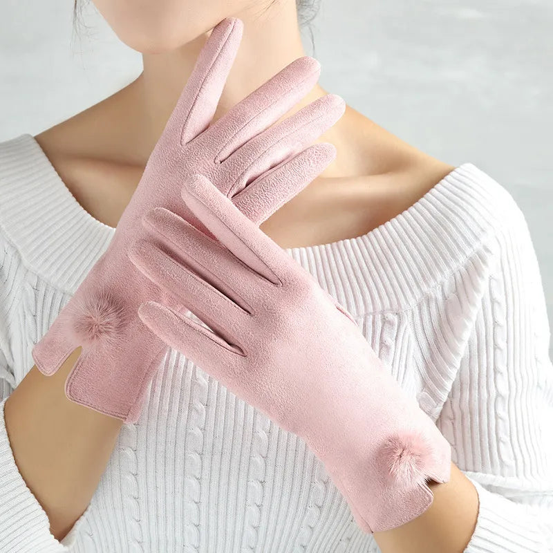 Damen Handschuhe mit Zierschnalle oder Pompon in verschiedenen Farben