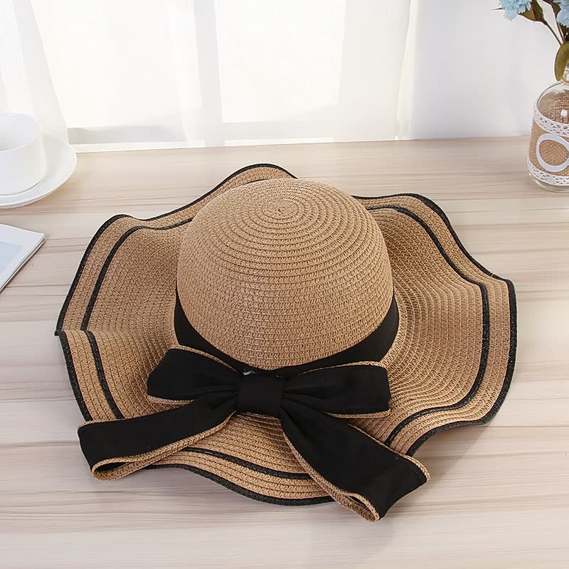 Damen Sommer Strohhut mit breiter Krempe und Schleife