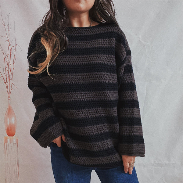 Damen Oversize Strickpullover Gestreift Gehäkelt Rundhals