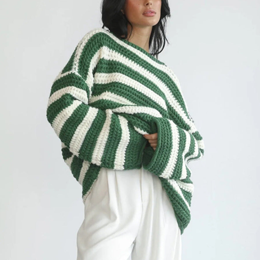 Gestreepte gehaakte oversized damestrui met ronde hals