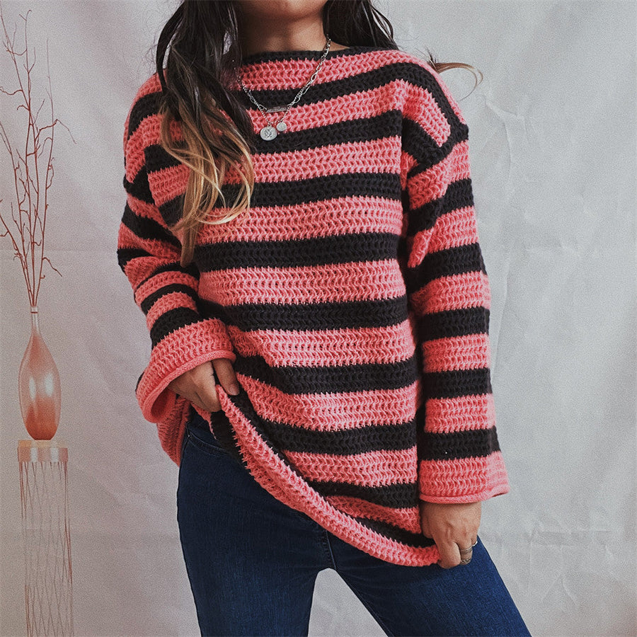 Gestreepte gehaakte oversized damestrui met ronde hals