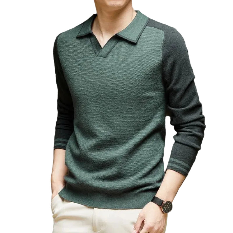 Herren Langarm Polohemd Zweifarbig Strick Optik