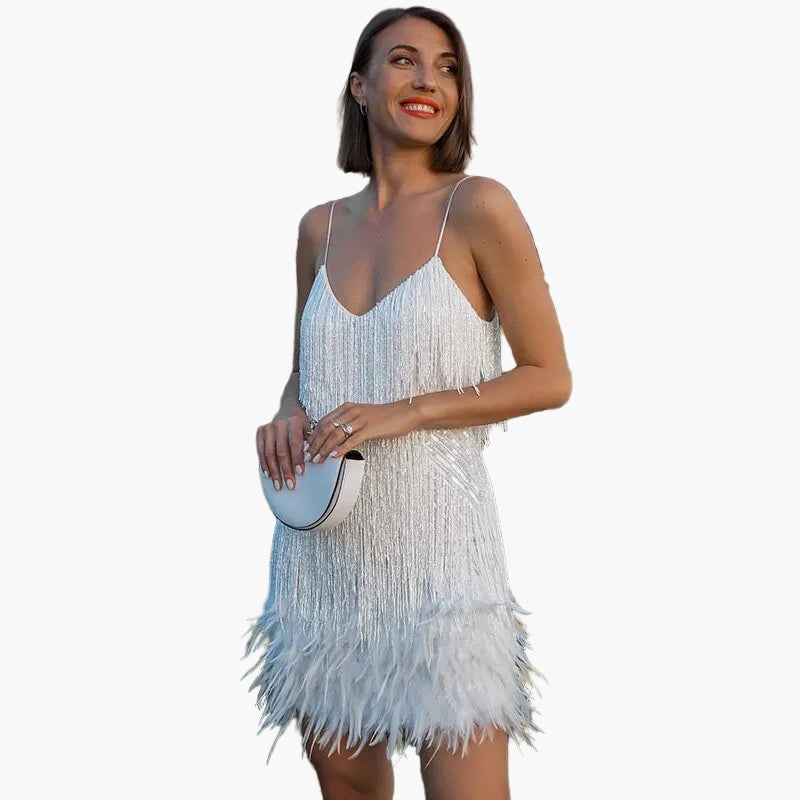 Damen Cocktailkleid mit Fransen und Federn – Elegantes Partykleid im 20er-Jahre-Stil für besondere Anlässe