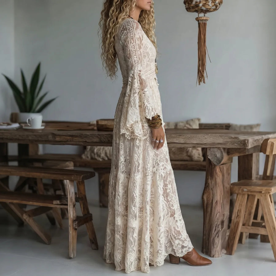 Damen Maxi-Spitzenkleid in Beige mit Glockenärmeln V-Ausschnitt