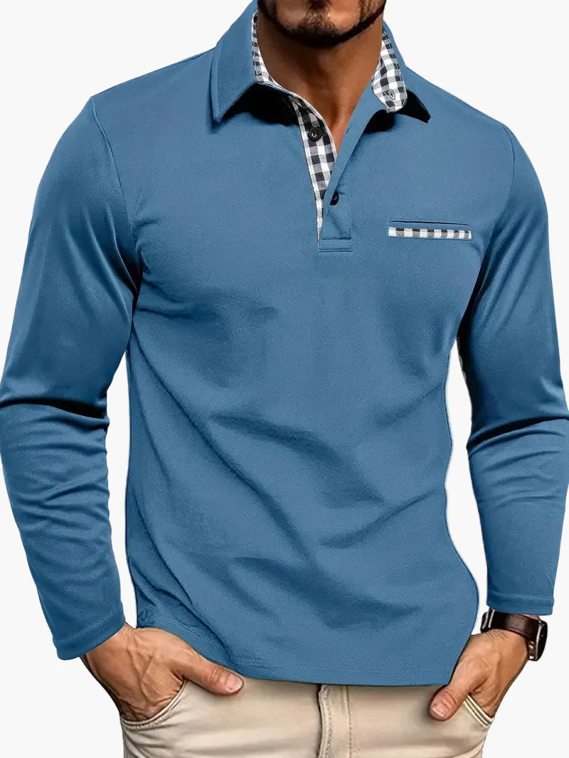 Herren Langarm Polohemd – Modernes Poloshirt mit Karodetail für Business & Freizeit