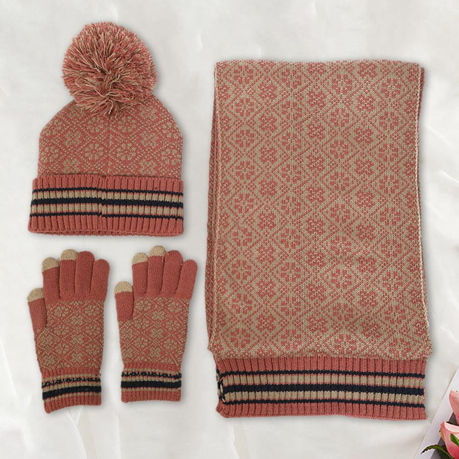 Winterset met muts, sjaal en handschoenen, met pompon en breimotief