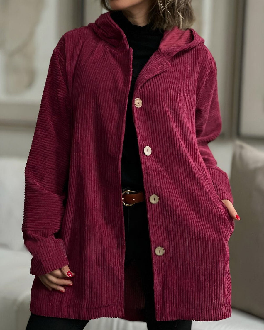 Damescorduroy hoodie-jack met knopen en zakken