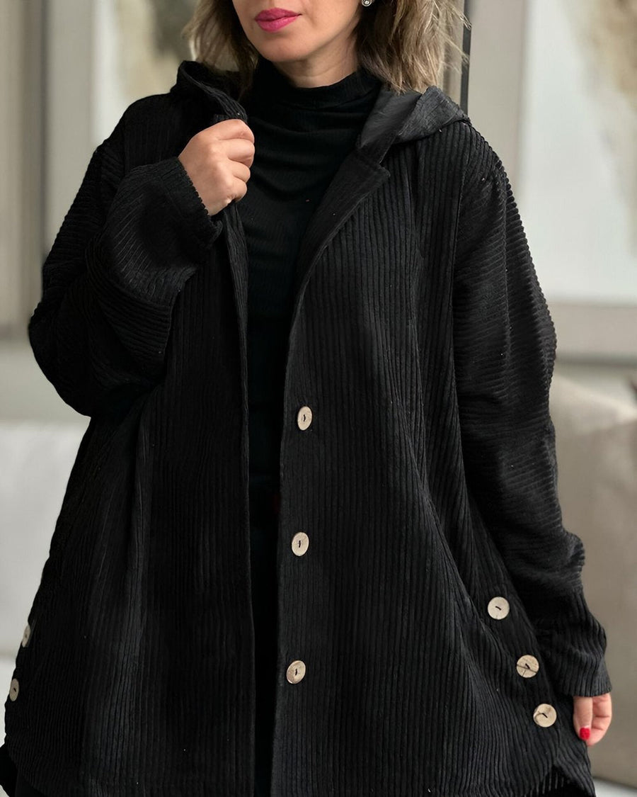 Damescorduroy hoodie-jack met knopen en zakken