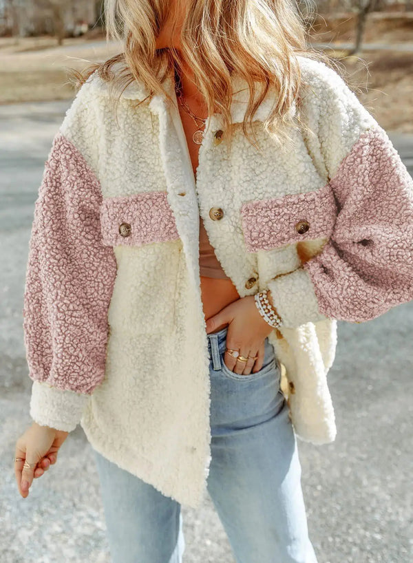 Dames teddyfleecejack, Sherpa-shacket, tweekleurig, lange mouwen en knoopsluiting