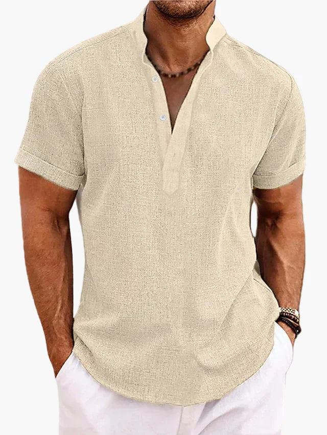 Herren Sommer Veganes Leinenhemd Kurzarm Henley für Freizeit und Urlaub