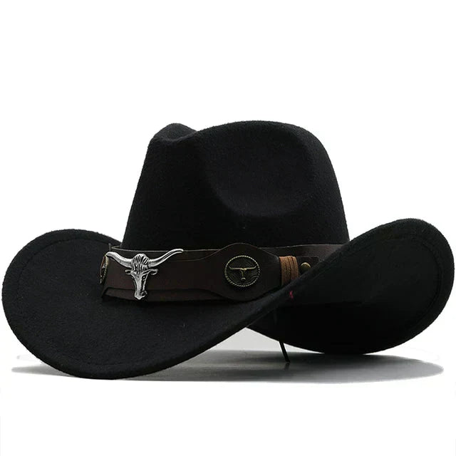 Unisex Cowboyhut Westernhut mit breiter Krempe und Stierkopf-Dekor, weiches Material