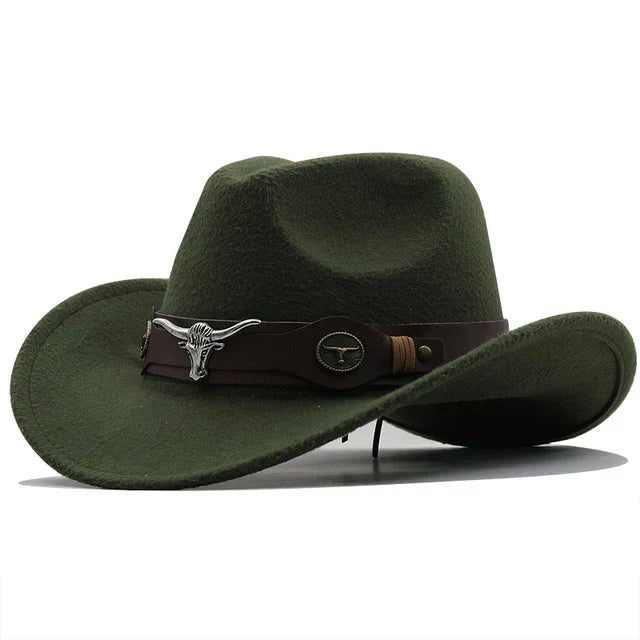 Unisex Cowboyhut Westernhut mit breiter Krempe und Stierkopf-Dekor, weiches Material