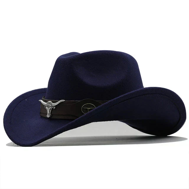 Unisex Cowboyhut Westernhut mit breiter Krempe und Stierkopf-Dekor, weiches Material