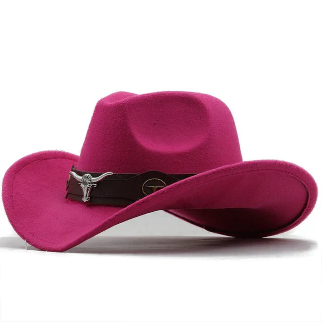 Unisex Cowboyhut Westernhut mit breiter Krempe und Stierkopf-Dekor, weiches Material