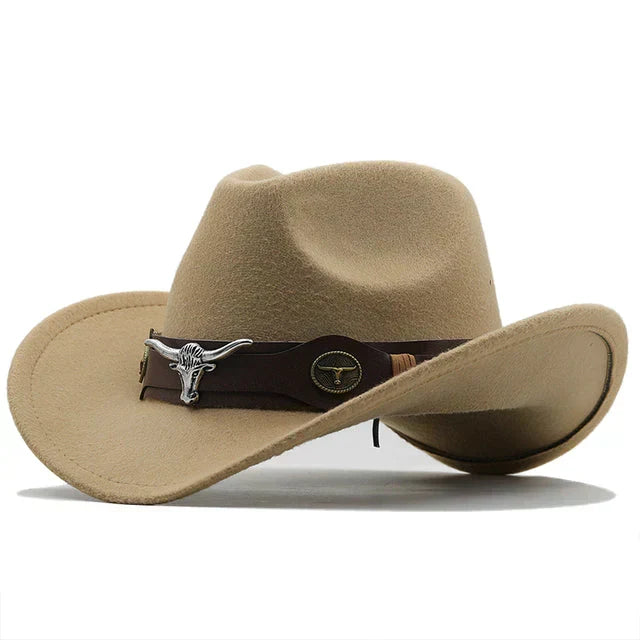 Unisex Cowboyhut Westernhut mit breiter Krempe und Stierkopf-Dekor, weiches Material