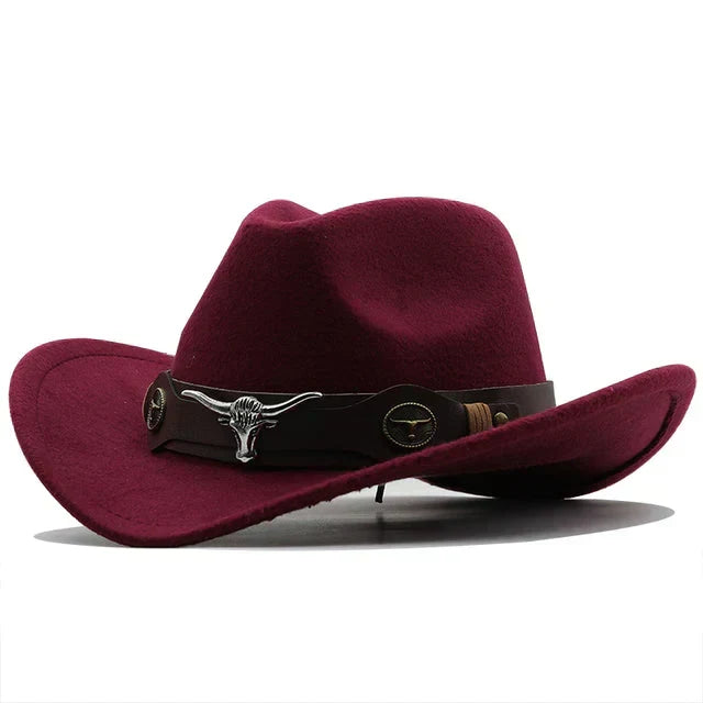 Unisex Cowboyhut Westernhut mit breiter Krempe und Stierkopf-Dekor, weiches Material