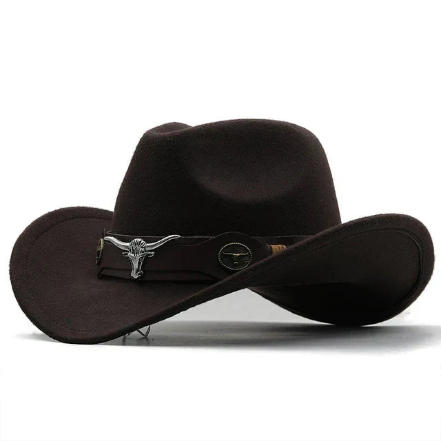 Unisex Cowboyhut Westernhut mit breiter Krempe und Stierkopf-Dekor, weiches Material