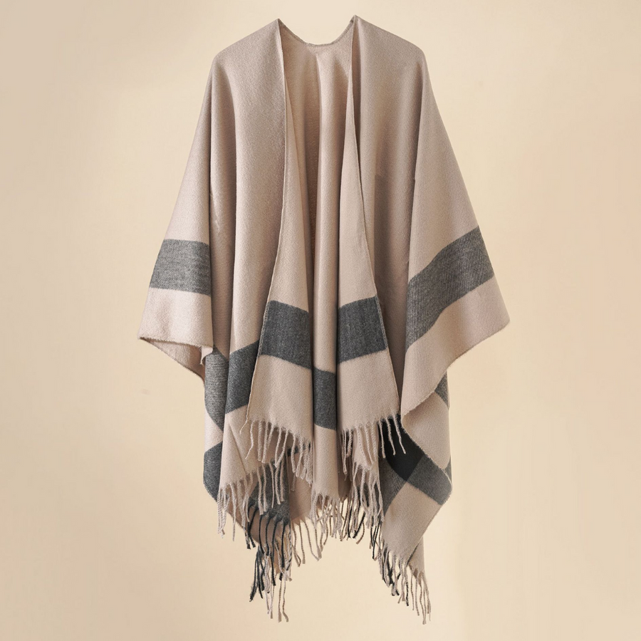 Poncho Umhang mit Fransen und Streifenmuster für Damen, Einheitsgröße