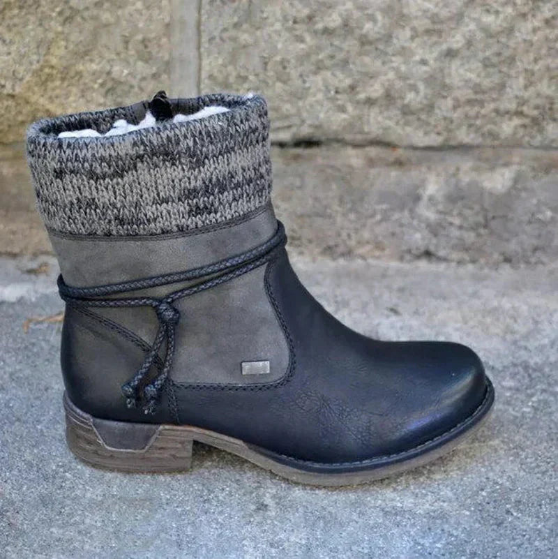 Damen Stiefeletten mit Strickbündchen und Zierschnürung in Braun