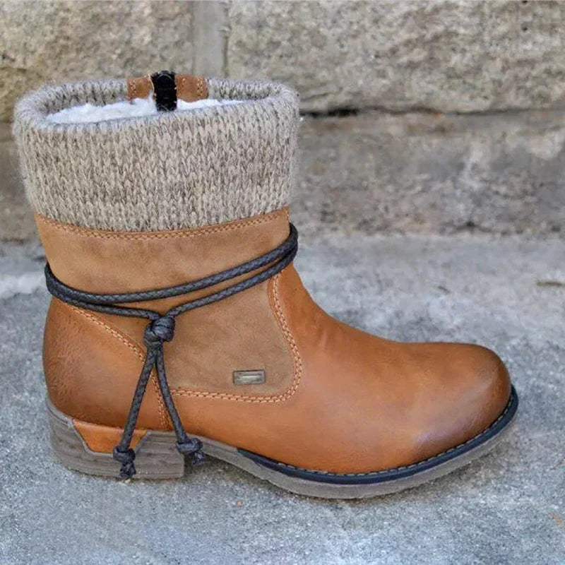 Damen Stiefeletten mit Strickbündchen und Zierschnürung in Braun