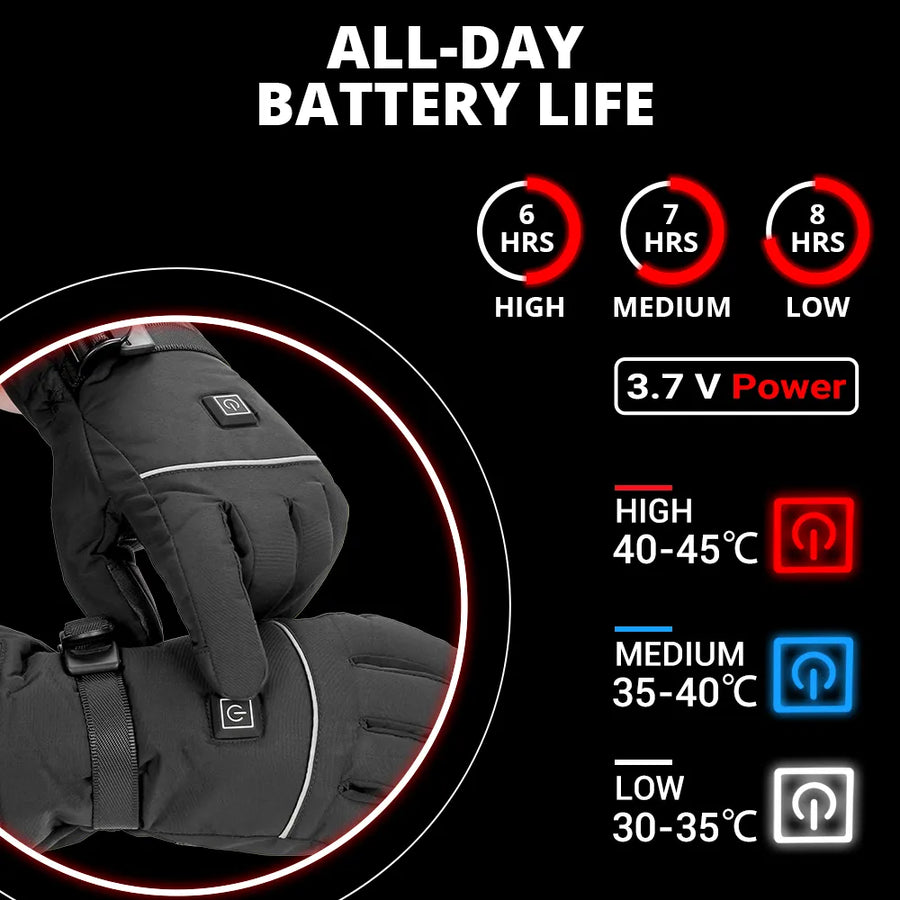 Beheizbare Handschuhe Schwarz mit Touchscreen-Fingerspitzen und verstellbaren Riemen