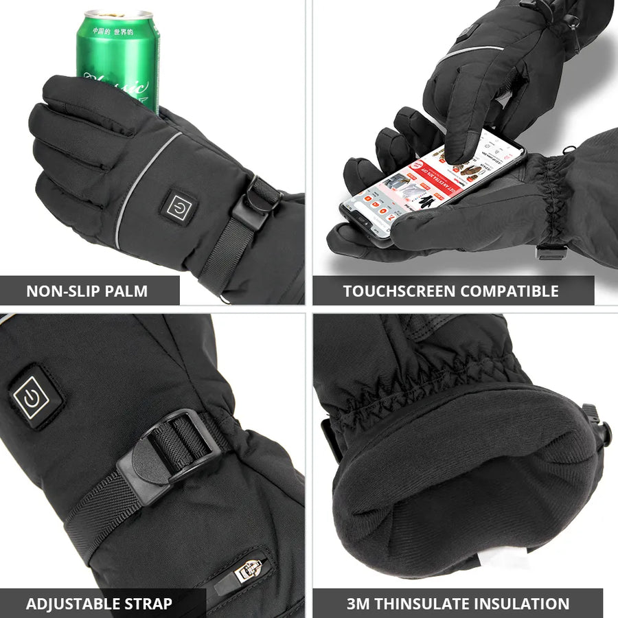 Beheizbare Handschuhe Schwarz mit Touchscreen-Fingerspitzen und verstellbaren Riemen