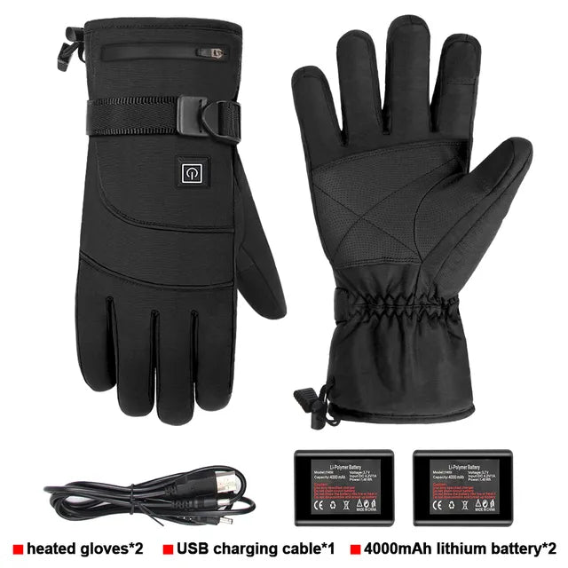 Beheizbare Handschuhe Schwarz mit Touchscreen-Fingerspitzen und verstellbaren Riemen