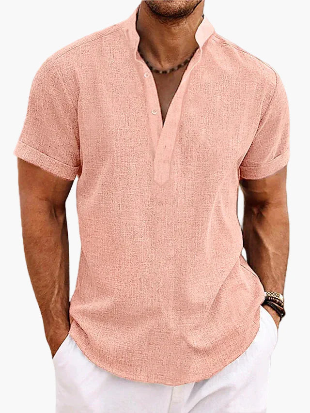 Herren Sommer Veganes Leinenhemd Kurzarm Henley für Freizeit und Urlaub