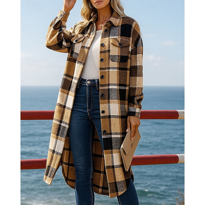 Geruite oversized overhemdjas voor dames met lange mouwen