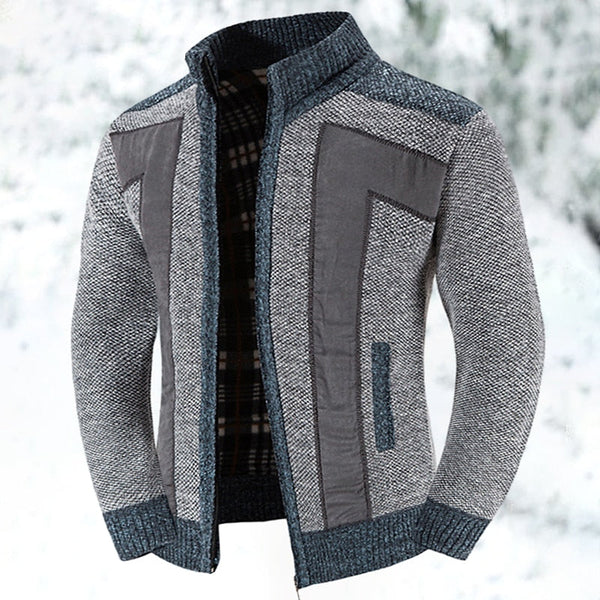 Herren Strickjacke Reißverschluss Stehkragen mit Kontrast-Einsätzen