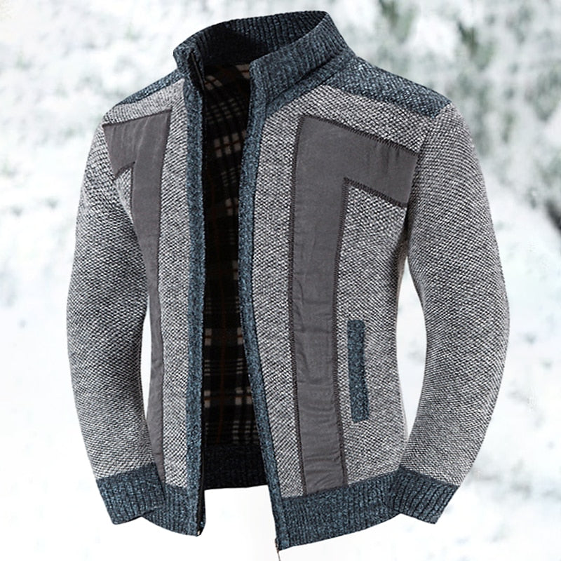 Herren Strickjacke Reißverschluss Stehkragen mit Kontrast-Einsätzen
