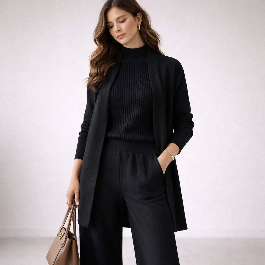 Damen Loungewear Strick-Set: Rollkragenpullover, Cardigan & weite Hose
