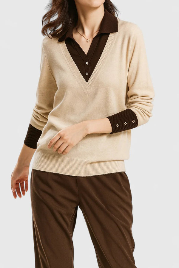 Damen V-Ausschnitt Pullover mit Kragenlage und langen Ärmeln
