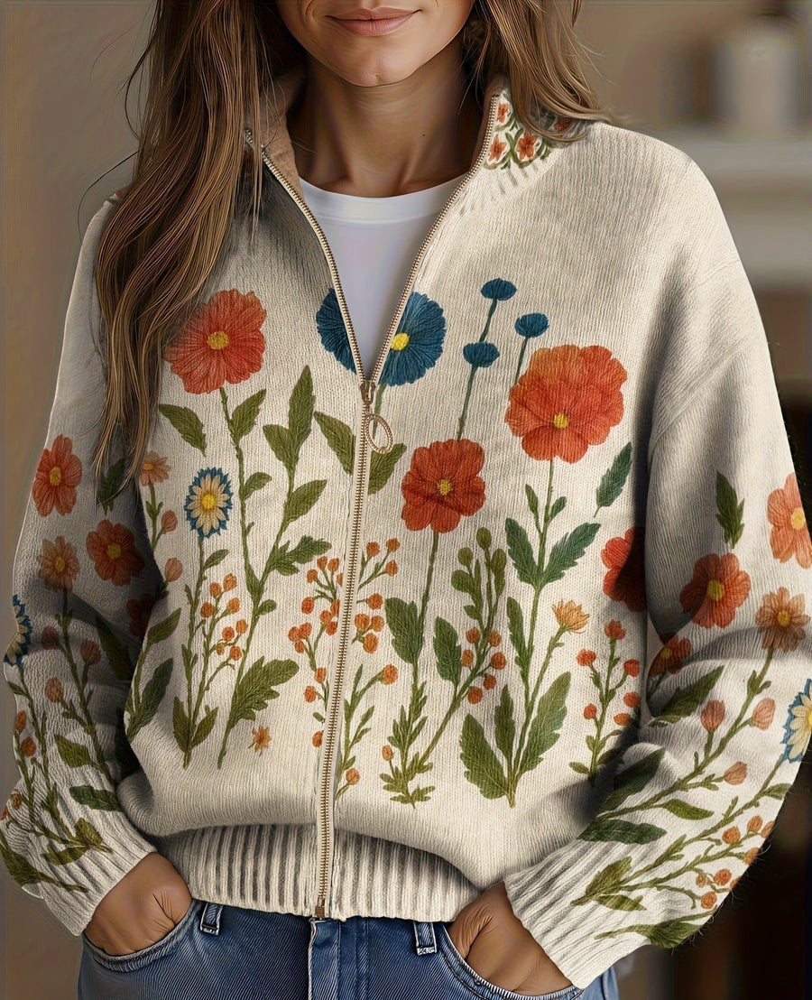 Damen Blumen Strickjacke Beige mit Reißverschluss und Stehkragen