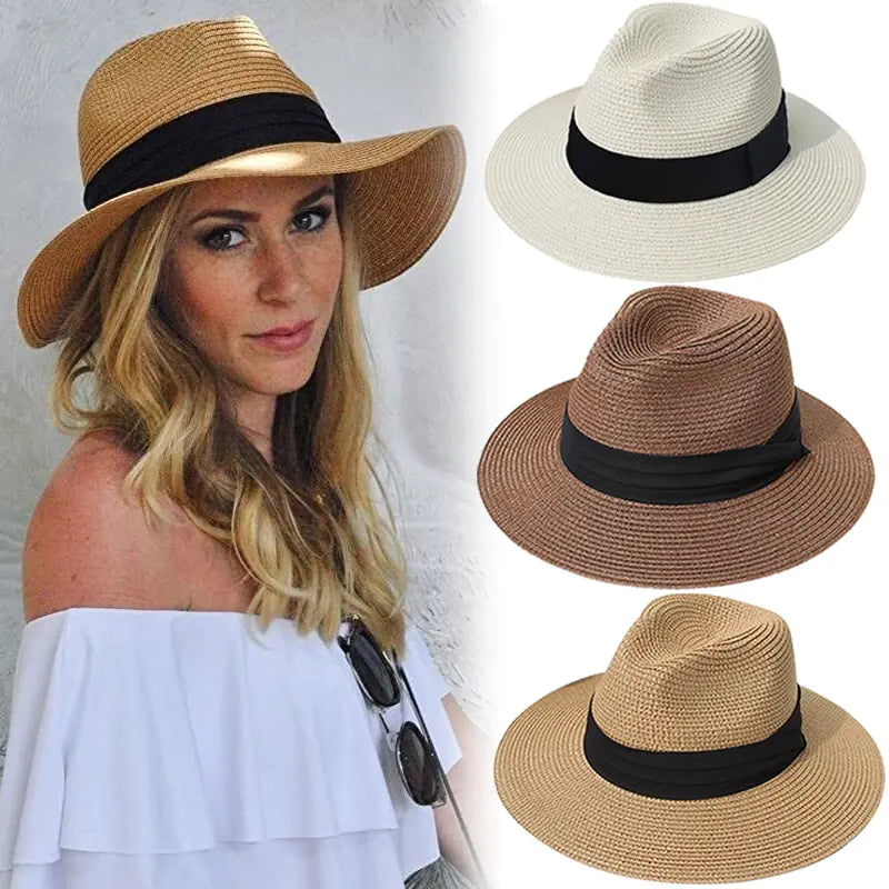 Unisex Sommer Strohhut mit breiter Krempe und schwarzem Band